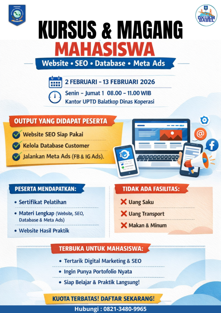 Kursus dan Magang Mahasiswa Digital Marketing UMKM Website, SEO, Social Media, Meta Ads & Database